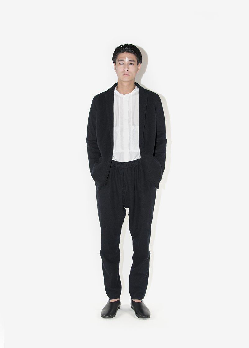 38. Herbal dyed pure woolen jacket, work pants and organic cotton white shirtMade of herbal dyed 100% pure sheep's light melton wool. The color comes from a logwood herbal dye. Layered linen lining retains warmth. The organic cotton broad cloth white shirt is produced by earth-friendly, non-chlorinated water bleaching.