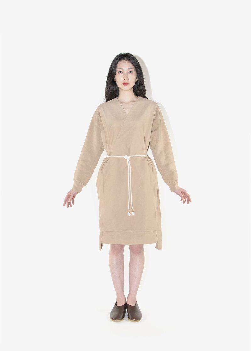65. Organic cotton flannel sweat dress with hemp braided cord beltMade from organic cotton flannel fleece lined sweat fabric in beige. The belt is made from natural hemp thread. Braided in a Japanese traditional braiding technique called karauchi.