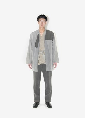 15. Bingo-kasuri jacket and slacks - sumikuroBingo-kasuri cotton produced by a traditional textile manufacturer in Japan. Woven slowly with an antique shuttle weaving machine. This method of weaving allows air to get inside the cotton during the weaving process.