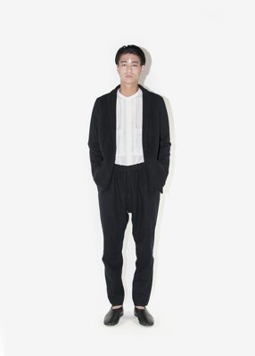 38. Herbal dyed pure woolen jacket, work pants and organic cotton white shirtMade of herbal dyed 100% pure sheep's light melton wool. The color comes from a logwood herbal dye. Layered linen lining retains warmth. The organic cotton broad cloth white shirt is produced by earth-friendly, non-chlorinated water bleaching.