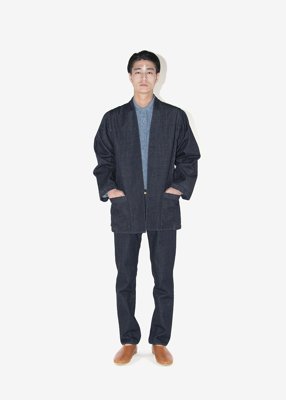 51. Selvedge denim indigo Haori jacket and jeansIndigo denim made from organic cotton 13oz selvedge denim. Haori denim jacket and five-pocket denim pants with a 'Flower-of-life' gold-colored button and patchworks on pockets.
