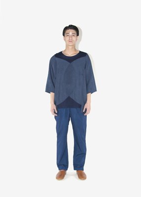 53. Geometric patterned pullover and organic cotton broad cloth wrapped pants - Ryukyu indigo