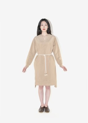 65. Organic cotton flannel sweat dress with hemp braided cord beltMade from organic cotton flannel fleece lined sweat fabric in beige. The belt is made from natural hemp thread. Braided in a Japanese traditional braiding technique called karauchi.