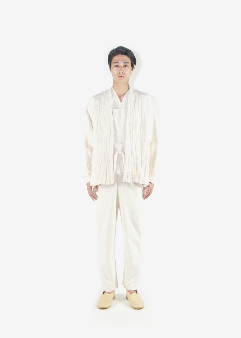 13. Hemp work coat, hemp work top with Hakkaku-Shinka embroideryWorn with organic cotton wrapped pants. Comes in natural, black and Ryukyu indigo.