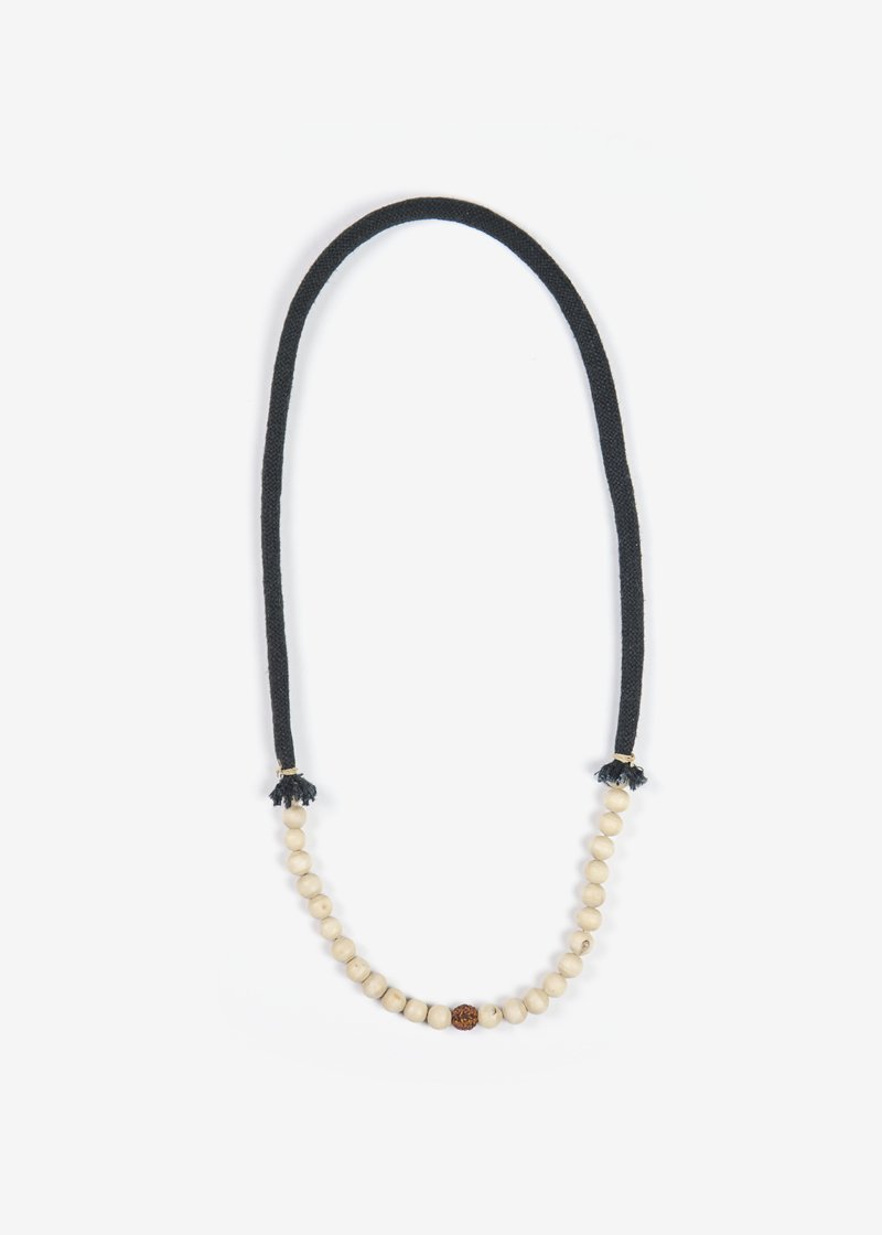 27. Hemp kumihimo necklaceComposed of hemp threads, rudraksha and holy basil wood. Kumihimo is a craft of braiding threads together to make cords. Kicho-musubi is a Japanese traditional tying technique. The technique of kumihimo came along with the introduction of Buddhism to Japan. It was used as a decorative cord for accessories of butsugu (Buddhist altar fittings), Buddhist scriptures and scrolls.