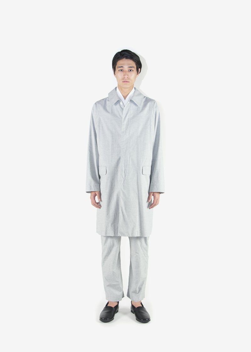 43. Twill work coat and wrapped pantsMade with pale gray color organic cotton twilled selvedge fabric. Woven slowly with an antique shuttle weaving machine.