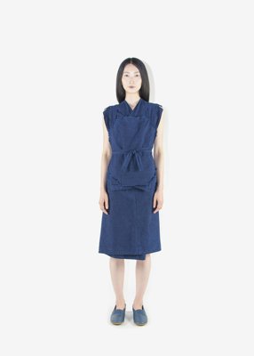 64. Hemp work top with Hakkaku-Shinka embroidery, organic cotton wrapped skirt - Ryukyu indigo