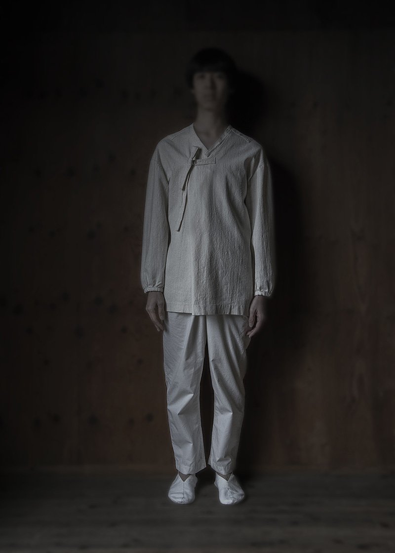 36. Organic farming hand-spun cotton shirt | natural, Organic cotton wrapped pants | naturalThe cotton used for the collection is hand-spun, producing a soft and plush organic cotton fabric. Woven slowly with a shuttle weaving machine. This method of weaving allows air to get inside the cotton during the weaving process. Comes in natural, black, lac herbal dyed red and Ryukyu indigo. Wrapped pants comes in natural, white, black, light beige, light gray, lac herbal dyed red and Ryukyu indigo.