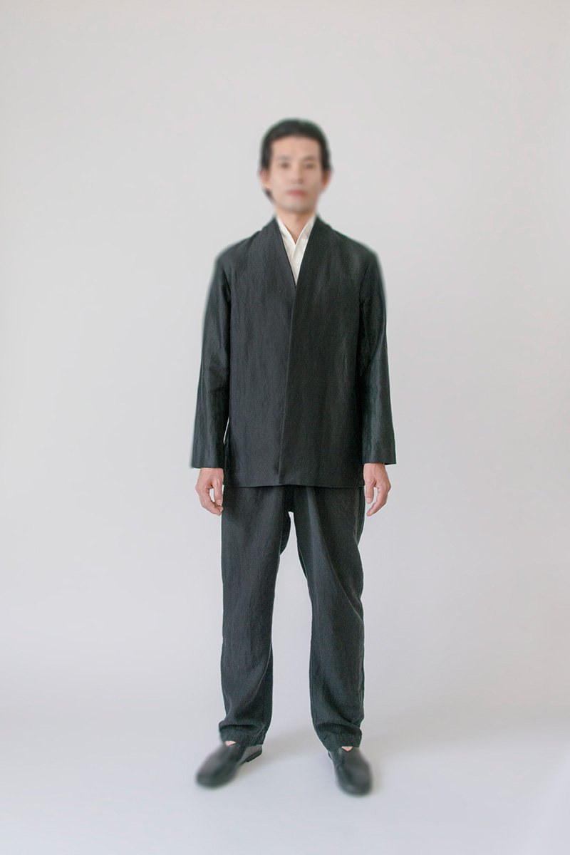 13. Silk-linen jacket, Hand-spun cotton monpe pantsTwill-weave fabric made from silk for the warp and linen for the woof. Rich silk yarns provide shininess.