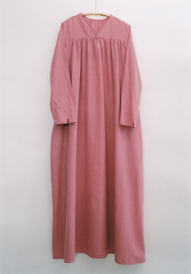 52.Khadi fork dressDyed in red grape with pink. The cotton used for the dress is hand-spun and hand-woven.