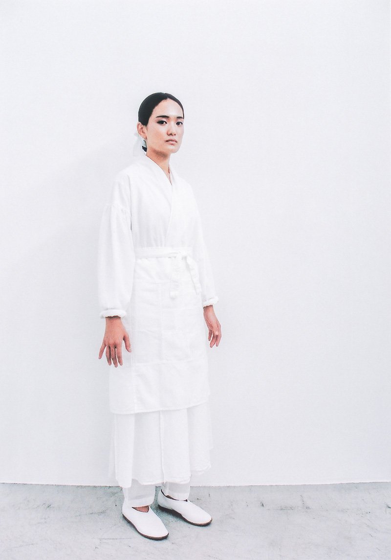 Khadi cotton “Farmoon” work haori, “Farmoon” chogappo apron and wrapped pants