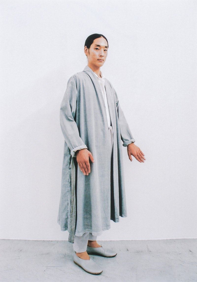 Organic cotton Sumi-dyed gray haori work jacket, Grey leather folk shoes