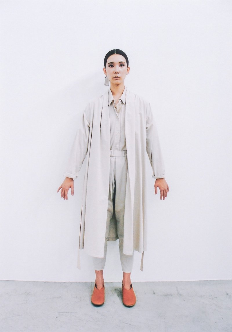 Organic cotton haori work jacket, Organic cotton shirt with scarf and Organic cotton color denim “tattsuke”