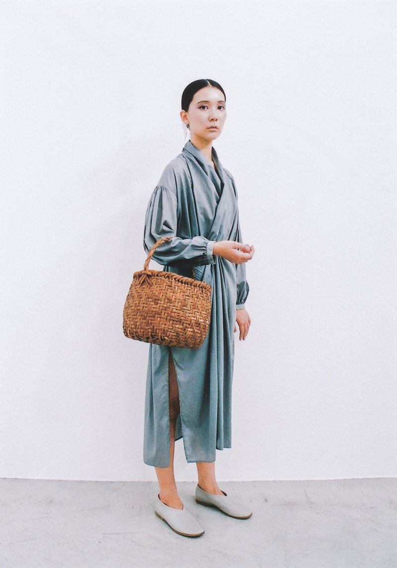Organic cotton light lawn Lac and Catechu herbal dyed gray-moon mythic wrapped dress and Wild grapevine basket