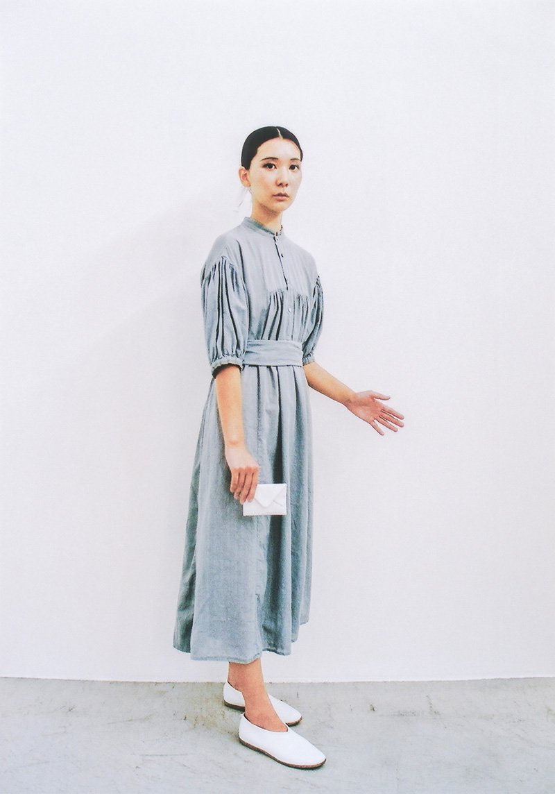 Khadi cotton Aqua aura mandarin collar dress, White leather letter coin case