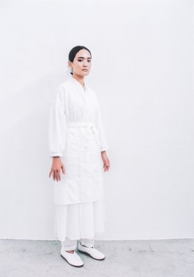 Khadi cotton “Farmoon” work haori, “Farmoon” chogappo apron and wrapped pants