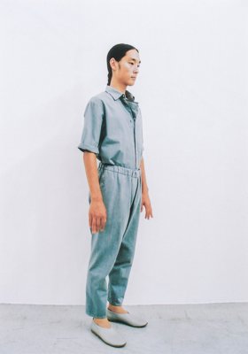 Organic cotton Lac and Catechu herbal dyed gray-moon shirt with scarf and Organic cotton color denim “tattsuke”