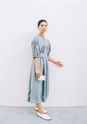 Khadi cotton Aqua aura mandarin collar dress, White leather letter coin case