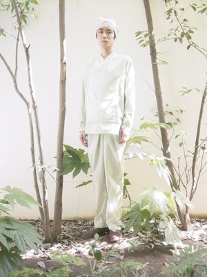 31 Organic cotton pojagi folk shirt, Organic cotton wrapped pantsMade from organic cotton. Gardenia blue herbal dyed jade.