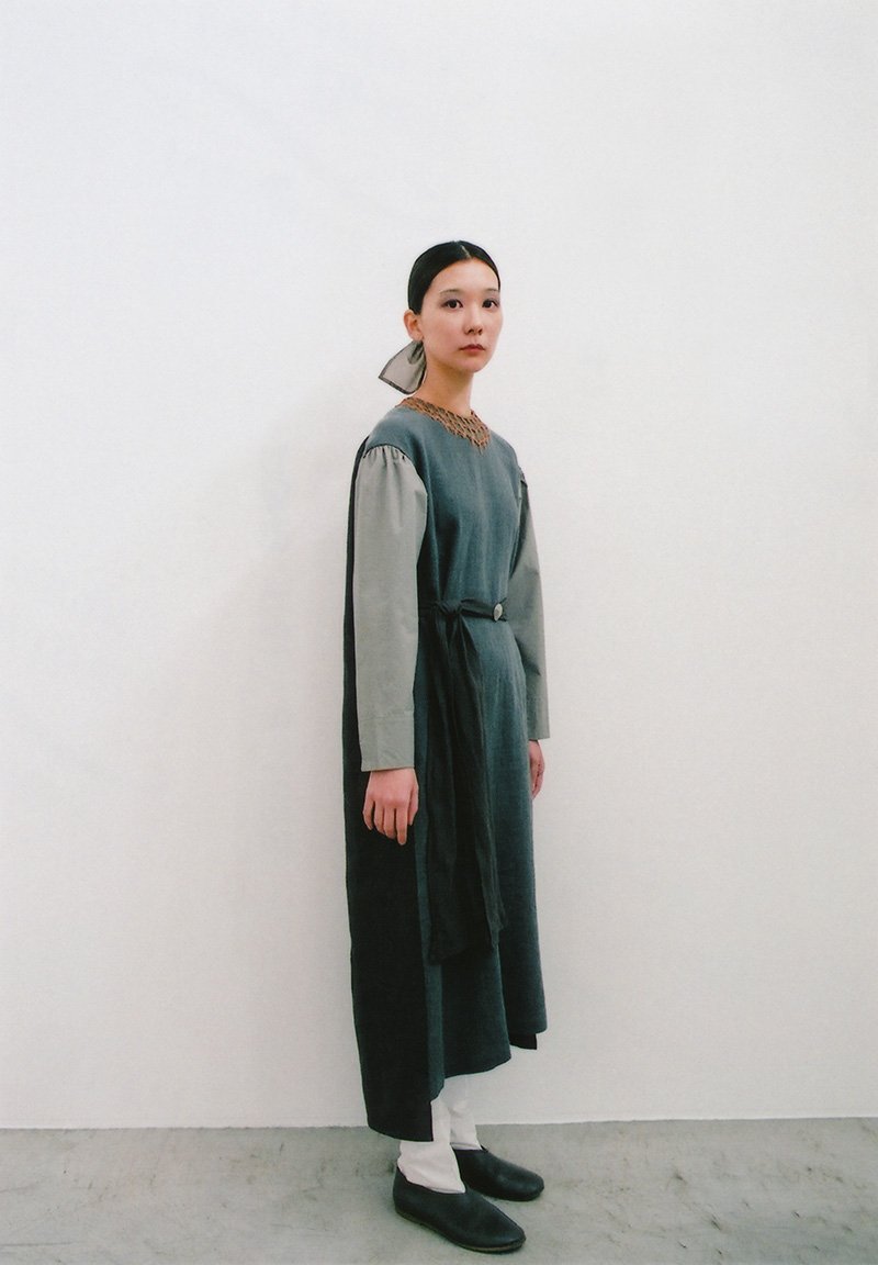 Ancient mythic ceremony long sleeves dress, Necklace by Yasuhide Ono