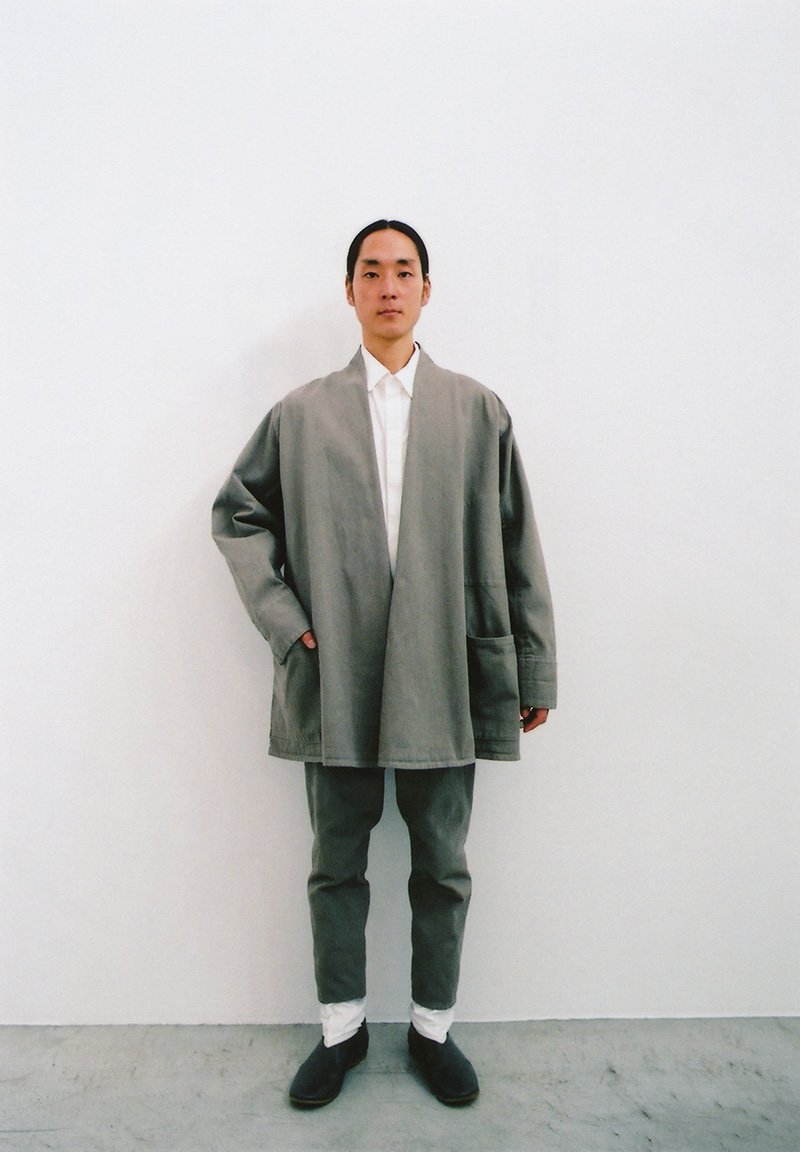 Organic cotton color denim ashen moon colored haori and tattsuke, Organic cotton white colored shirt