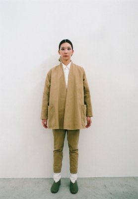 Organic cotton color denim straw colored haori jacket and “tattsuke”, Organic cotton white colored shirt