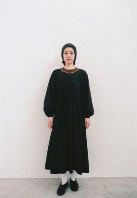 Organic cotton black colored meditation monastery dress, Beautiful mythic ceremony silk cotton black colored scarf, Necklace by Yasuhide Ono