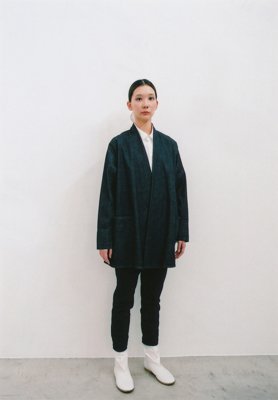 Organic cotton indigo denim haori jacket and gathered pants, Organic cotton white colored shirt