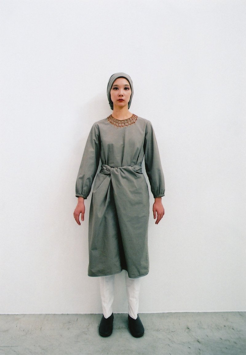 Organic cotton ashen moon colored classic wrapped dress, Beautiful mythic ceremony silk cotton ashen moon colored scarf, Necklace by Yasuhide Ono