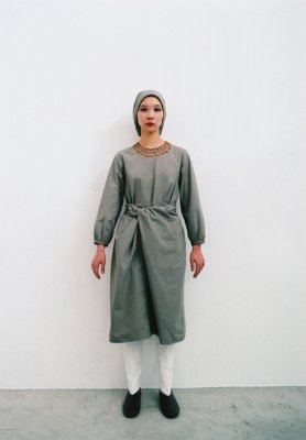 Organic cotton ashen moon colored classic wrapped dress, Beautiful mythic ceremony silk cotton ashen moon colored scarf, Necklace by Yasuhide Ono