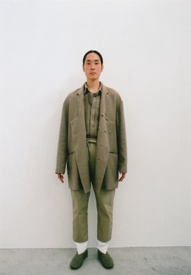 Ancient folk ramie linen wool jacket and scarf shirt, Ancient mythic cotton obi pants, Light leather first fork shoes