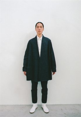 Organic cotton indigo denim haori jacket and gathered pants, Organic cotton white colored shirt