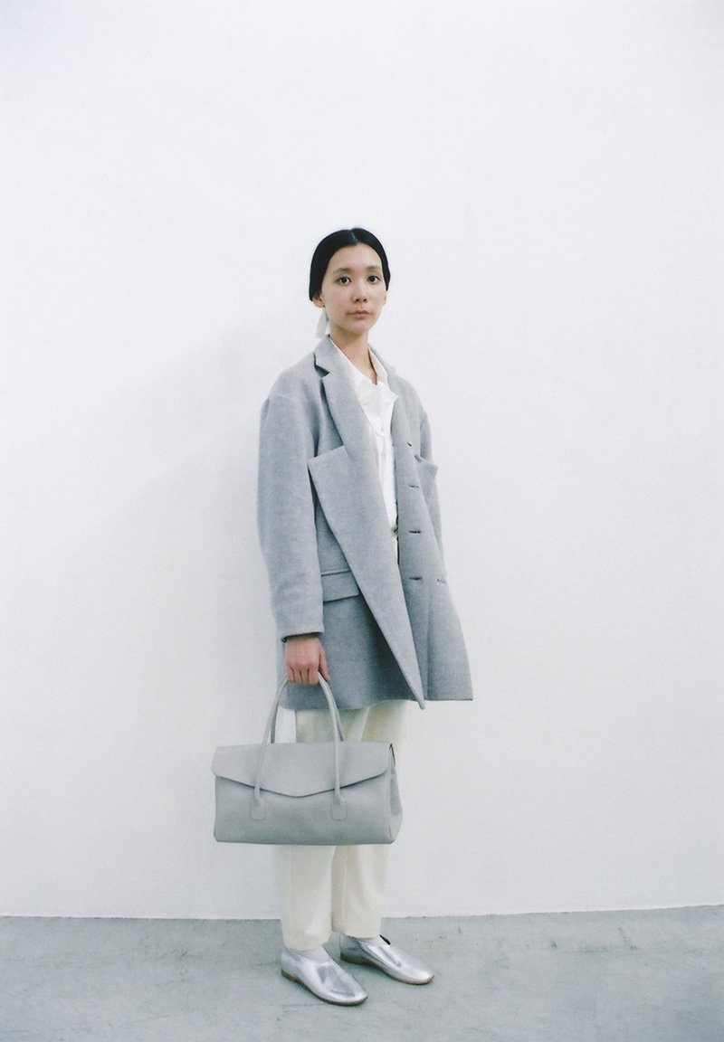 Reversible Flannel wool jacket, Light leather horizontal handbag