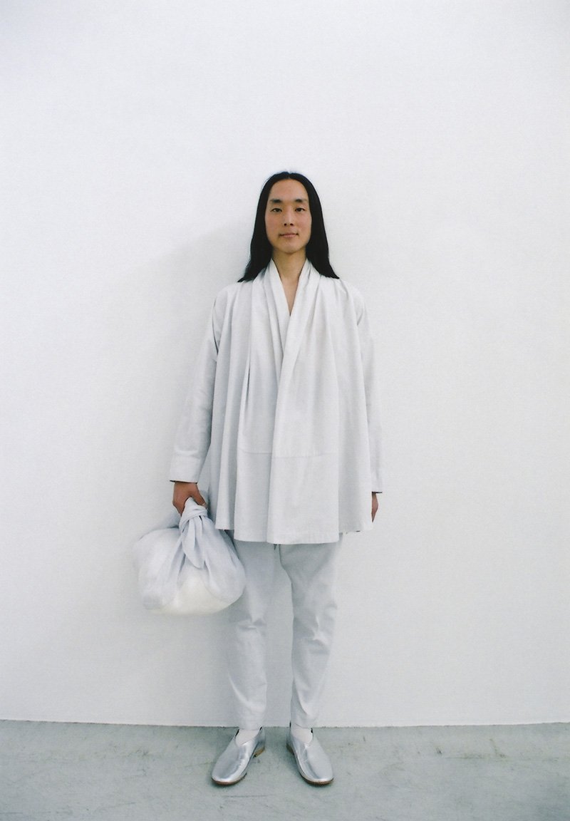 Beautiful Organic cotton light moon colored haori jacket and tattuke, Hand-woven ramie furoshiki