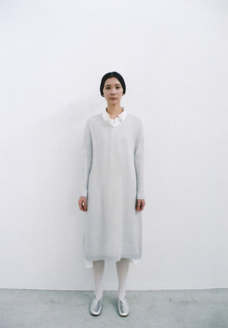 Beautiful Mohair silk knit sweater dress, Organic cotton white colored shirt dress