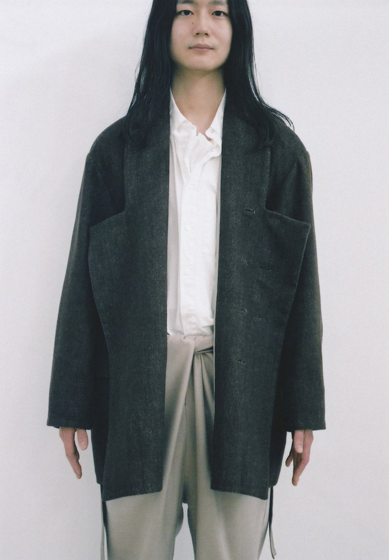 Reversible Linen wool jacket, Organic cotton white colored shirt, Flannel wool wrapped pants