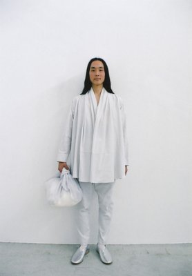 Beautiful Organic cotton light moon colored haori jacket and tattuke, Hand-woven ramie furoshiki