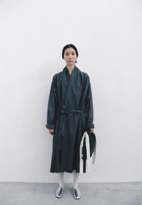 Beautiful Silk cotton sumi dyed haori robe, Khadi drawstring frilled bag