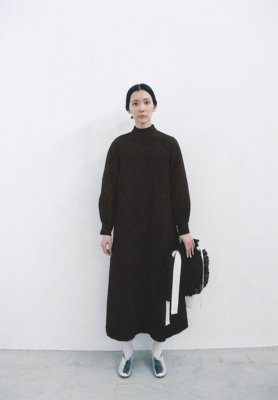 Flower of life Sashiko mud dyed earth soil colored long dress, Khadi drawstring frilled bag