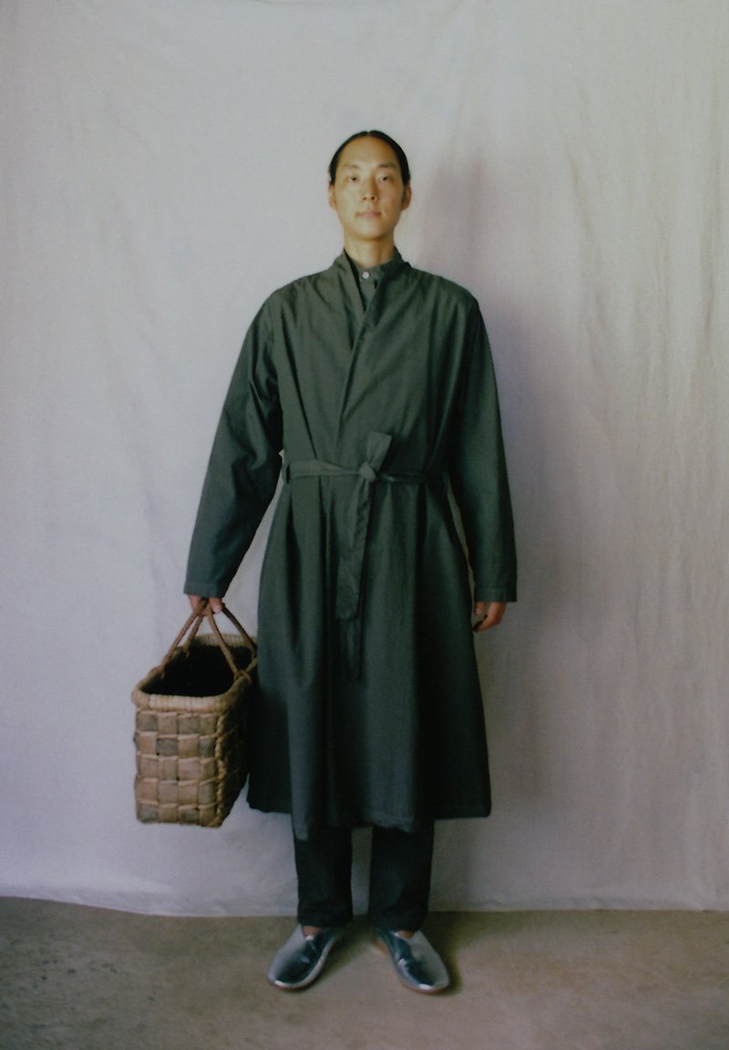 Organic cotton ancient soot colored haori robe, Japanese wing nut tree hand basket