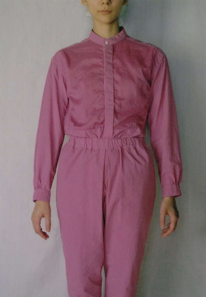 Organic cotton plum colored farmer shirt and tattuke