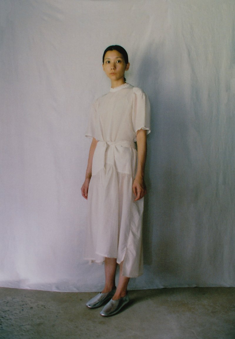 Beautiful silk cotton light lily colored neck lace blouse and wrapped skirt