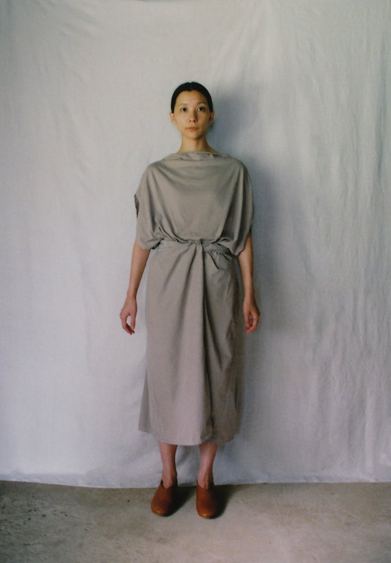 Organic cotton mud-dyed earthenware colored circular t-shirt and wrapped skirt