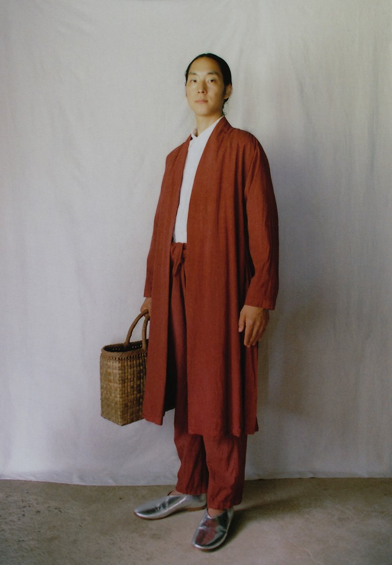 Organic cotton mud-dyed rose colored haori robe and wrapped pants, Japanese wing nut tree basket