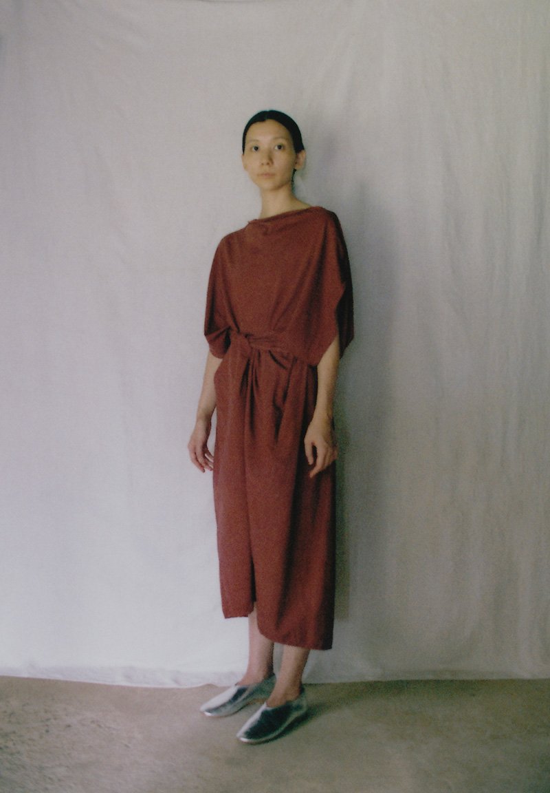 Organic cotton mud-dyed rose colored circular t-shirt and wrapped skirt