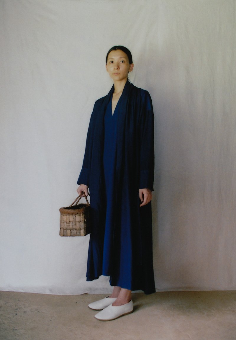 Silk cotton ryukyu indigo dyed haori robe and v-necked dress, Japanese wing nut tree hand basket