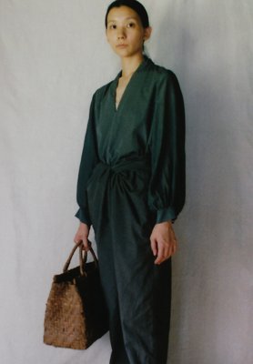 Beautiful silk cotton ancient soot colored v-necked shirt, Linen Sumizome wrapped pants, Wild grapevine travel basket