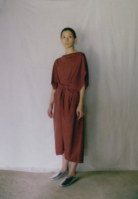 Organic cotton mud-dyed rose colored circular t-shirt and wrapped skirt