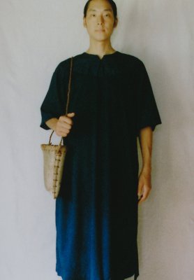 Organic cotton ryukyu indigo dyed t-shirt dress and wrapped pants, Japanese wing nut tree shoulder basket