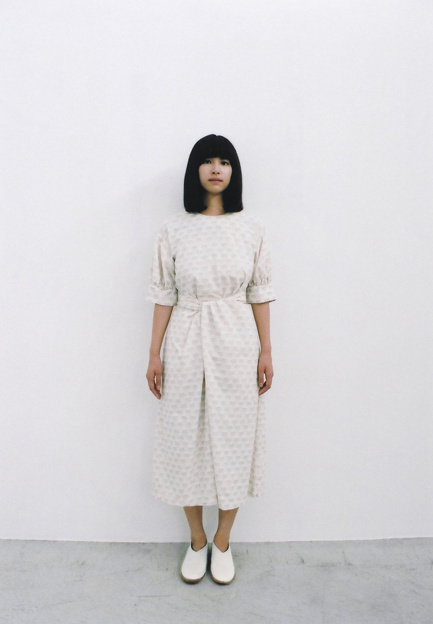 Khadi Cockscomb woodblock printing natural colored wrapped dress, Light leather first folk shoes